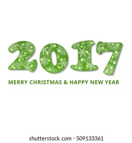 2017 new year and Merry Christmas green greeting with snowflakes on white background
