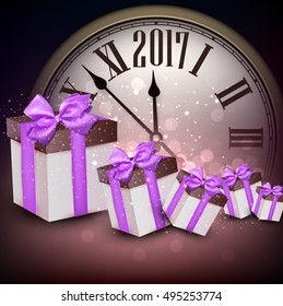 2017 New Year purple background with clock and gifts. Vector illustration.