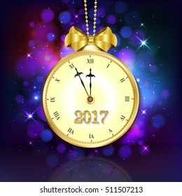 2017 New year purple background with vintage clock and golden bow. Vector illustration.