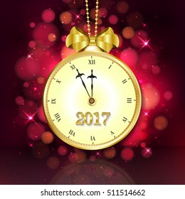 2017 New year purple background with vintage clock and golden bow. Vector illustration.