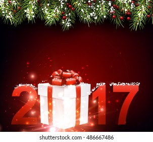 2017 New Year red background with gift. Vector illustration.