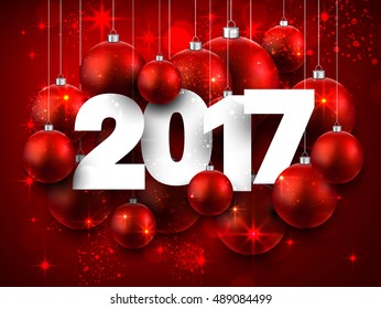 2017 New Year red background with Christmas balls. Vector illustration.