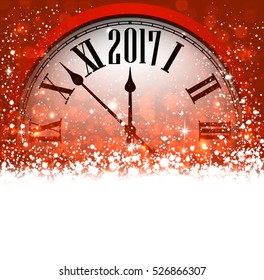 Año nuevo 2017: fondo rojo con reloj y nieve. Ilustración vectorial.