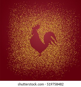 2017 new year of rooster. Rooster silhouette from gold glitter on red background.Vector illustration.