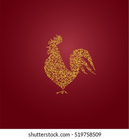 2017 new year of rooster. Rooster silhouette from gold glitter on red background.Vector illustration.