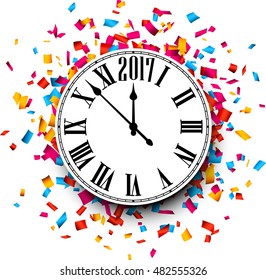 2017 New Year round clock with color confetti. Vector paper illustration.