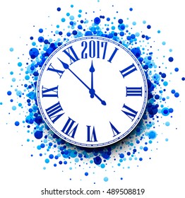 Reloj de Año Nuevo 2017 con confeti azul. Ilustración vectorial.