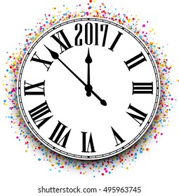 2017 New Year round clock with color confetti. Vector illustration.