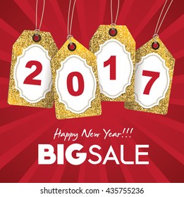 2017 new year sale tags with gold glitter texture.