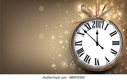 2017 New Year sepia background with clock. Vector illustration.