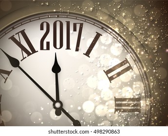 2017 New Year sepia background with clock. Vector illustration.