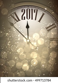 2017 New Year sepia background with clock. Vector illustration.