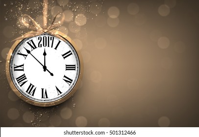 2017 New Year sepia background with clock. Vector illustration.