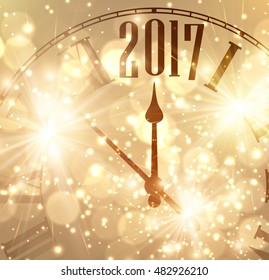 2017 New Year shining background with clock. Vector illustration.