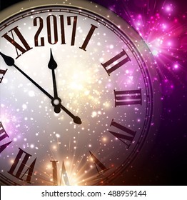 Año Nuevo 2017 brillante fondo con reloj. Ilustración vectorial.