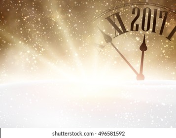 Año Nuevo 2017 brillante fondo con reloj y nieve. Ilustración vectorial.