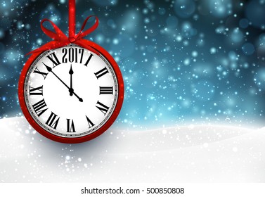 2017 New Year shining background with round clock. Vector illustration.