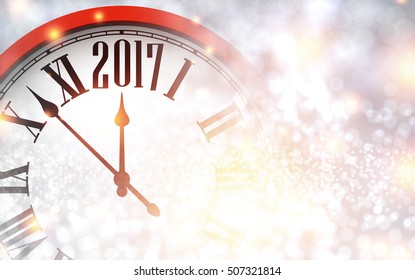 2017 New Year shining background with red clock. Vector illustration.