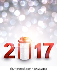 2017 New Year shining background with gift. Vector illustration.