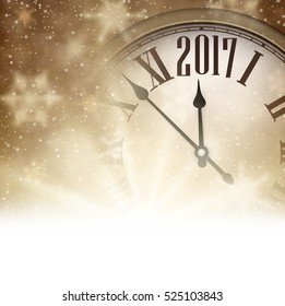 2017 New Year shining background with clock. Vector illustration.