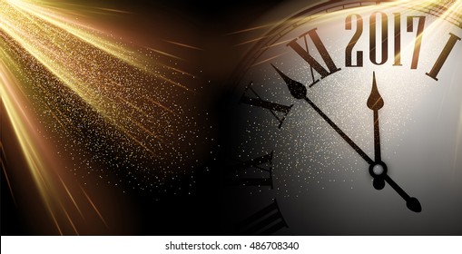 Banner brillante de Año Nuevo 2017 con reloj. Ilustración vectorial.