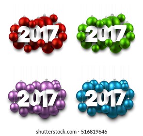 2017 New Year signs set with Christmas balls. Vector illustration.