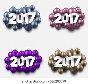 Neujahrsschilder 2017 mit Weihnachtsbällen. Vektorgrafik.