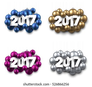 2017 New Year signs set with Christmas balls. Vector illustration.