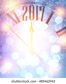 2017 New Year sparkling background with clock. Vector illustration.