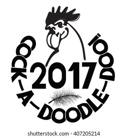 2017 New Year vector illustration with head of rooster ,cock-a-doodle-doo! lettering and  feather