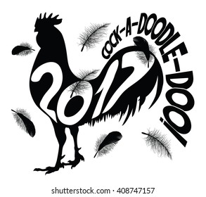 2017 New Year vector illustration with silhouette of rooster ,cock-a-doodle-doo! lettering and  black feathers svg