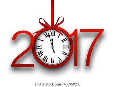 2017 New Year white background with red clock. Vector illustration.