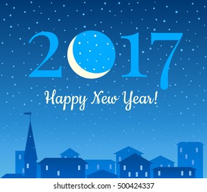 2017 New Years background with night city, moon and snowfall