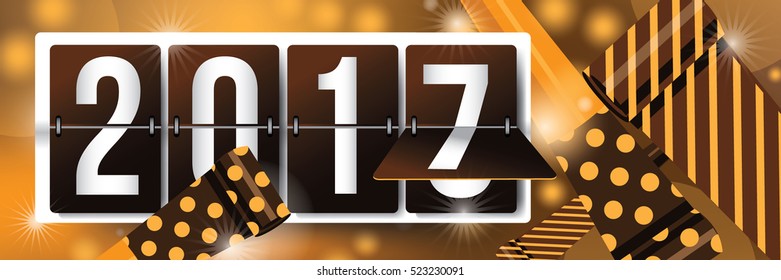 2017 New Year's mechanical flip numbers and party blowers horizontal banner. EPS 10 vector.