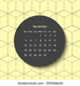 2017 November calendar. Modern creative geometric minimal yellow background. Yellow. Trendy stylish pattern and calendar November 2017.Scandinavian style and trendy colors. Raster.