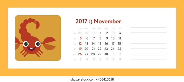 2017 november calendar - weekly planner with zodiacal (horoscopes) signs, flat funny illustration. Vector template with calendar grid and place for notes. Week start on sunday.