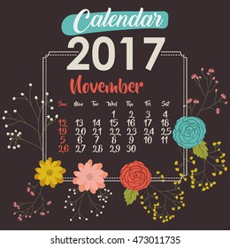 2017 november year calendar flowers floral garden planner month day icon. Colorful and Flat design. Vector illustration