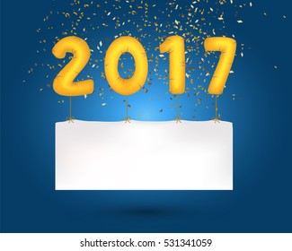 2017 number balloon fly with blank white board on confetti. Concept design for celebration on Christmas and new year season in vector illustration