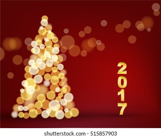 2017 number with Christmas tree bokeh on red background. Concept for greeting card, poster, banner to celebrate new year season in vector 