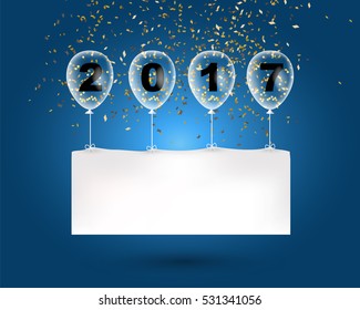 2017 number in clear balloon fly with blank white board on confetti. Concept design for celebration on Christmas and new year season in vector illustration