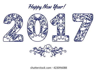 2017 numbers with floral pattern. Happy New Year sign.