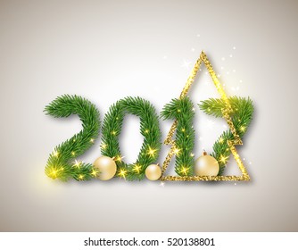 2017 numeric from fir branches with abstract gold christmas tree and ball. Christmas concept with glowing lights background. Vector illustration.