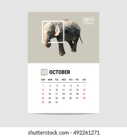 2017 October calendar, elephant polygon vector