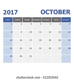 2017 October calendar week starts on Sunday, stock vector