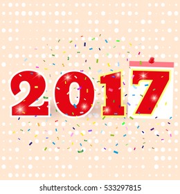 2017 on beige background with confetti and calendar sheet. Banner or greeting card for New Year Holiday. Vector