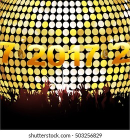 2017 Over Golden Close Up Disco Ball with Crowd background