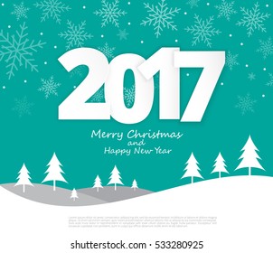 2017 paper style text on Merry Christmas and Happy New Year background, Illustration eps10
