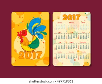 2017 pocket calendar with rooster - symbol of New Year on Chinese horoscope. Bright colorful rooster vector illustration. Calendar template vertical orientation. Week starts sunday