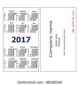 2017 pocket calendar. Template calendar grid. Vertical orientation of days of week. Vector  illustration.