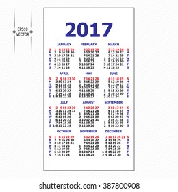 2017 pocket calendar. Template calendar grid. Vertical orientation of days of week. Illustration in vector format.